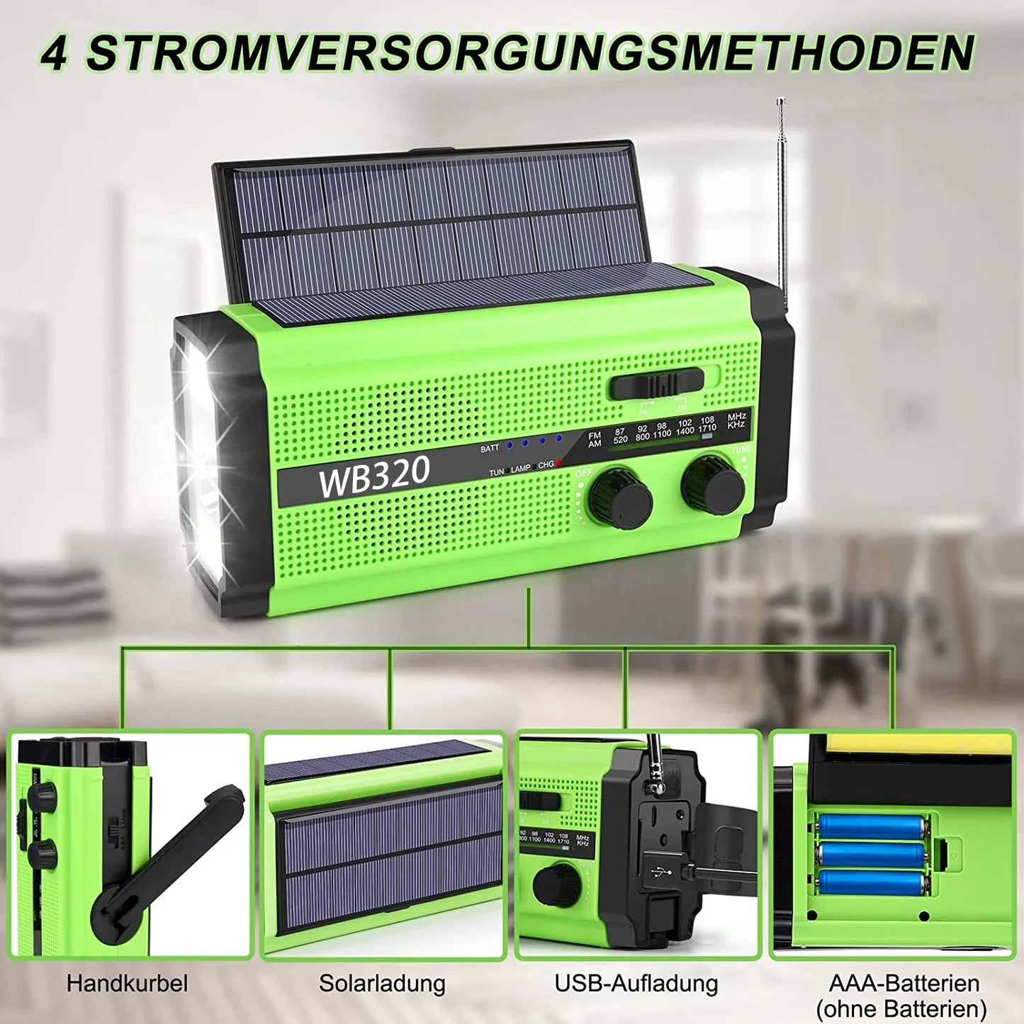 The Woopker 5000mAh Emergency Radio offers four power options: solar, hand crank, USB charging, and AAA batteries. It includes an LED flashlight. Close-up images of each power method are displayed on a light background with text in German.