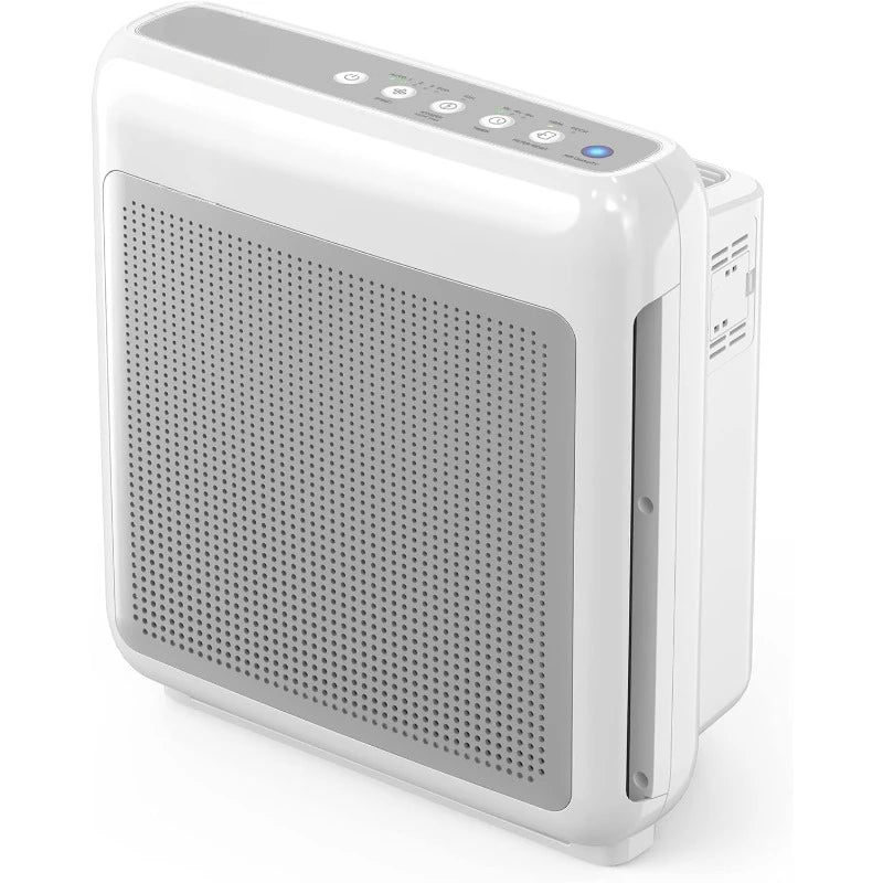 The NoEnName Air Purifier features a white rectangular design with a perforated front panel, control buttons on top, and True HEPA technology for effective smoke removal. Its sleek, modern aesthetic is perfect for home or office use.