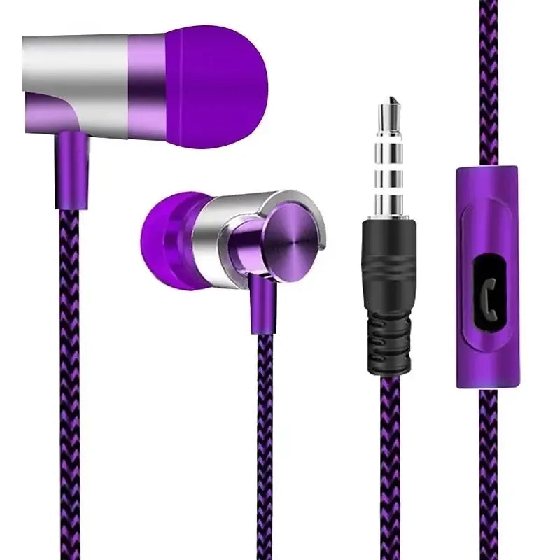 The close-up image of VIKEFON Noise Cancelling Wired Earphones showcases purple and silver earbuds with a braided cable, emphasizing superior sound quality, a 3.5mm audio jack, and an inline control button for ultimate convenience with their ergonomic design.