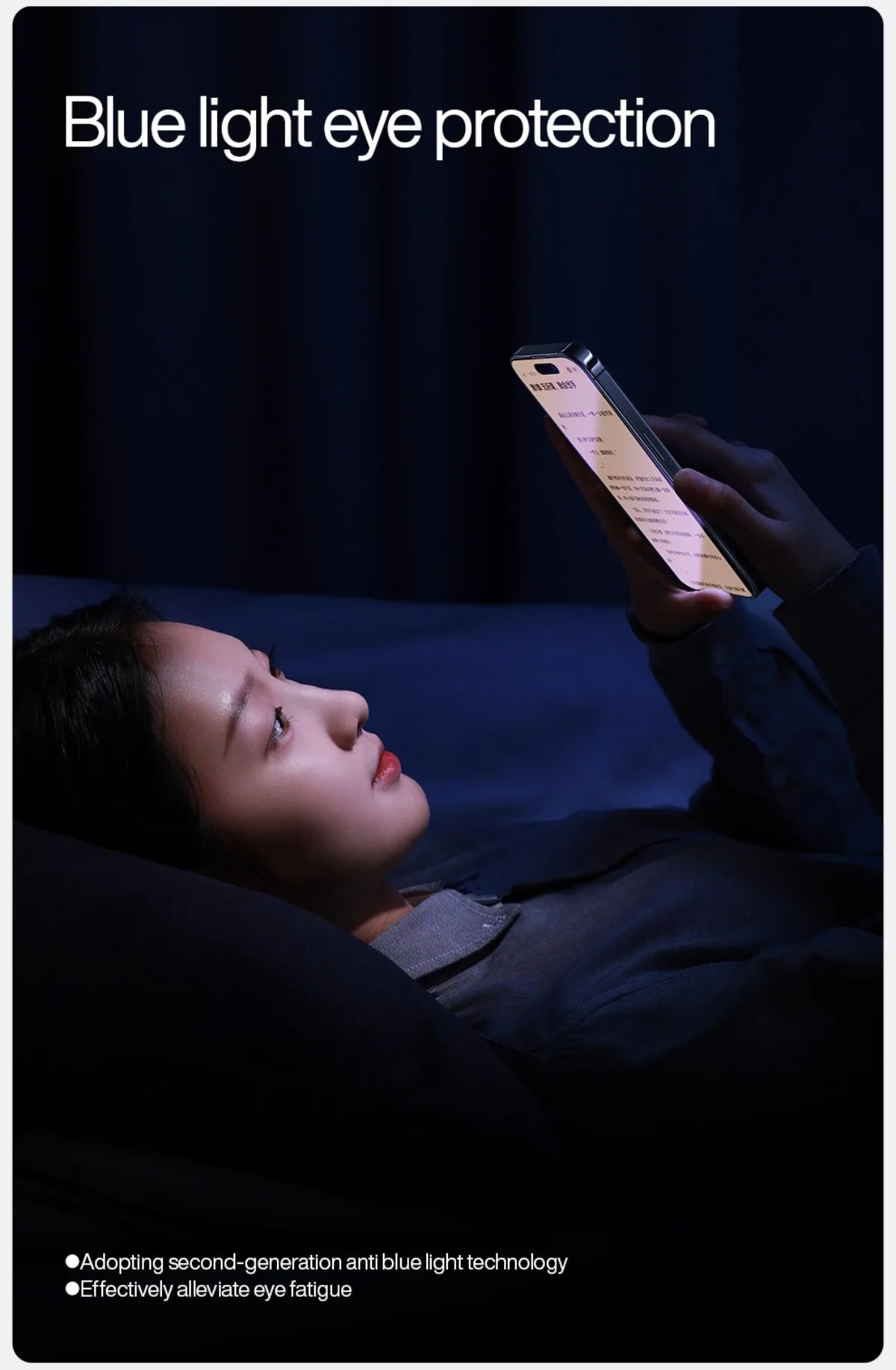 A person lies in bed using a smartphone in the dark, their face lit by soft blue screen light enhanced by a SmartDevil Tempered Glass Screen Protector for iPhone 16 Pro Max. Text reads Blue light eye protection, featuring second-gen anti-blue light tech to reduce eye fatigue.
