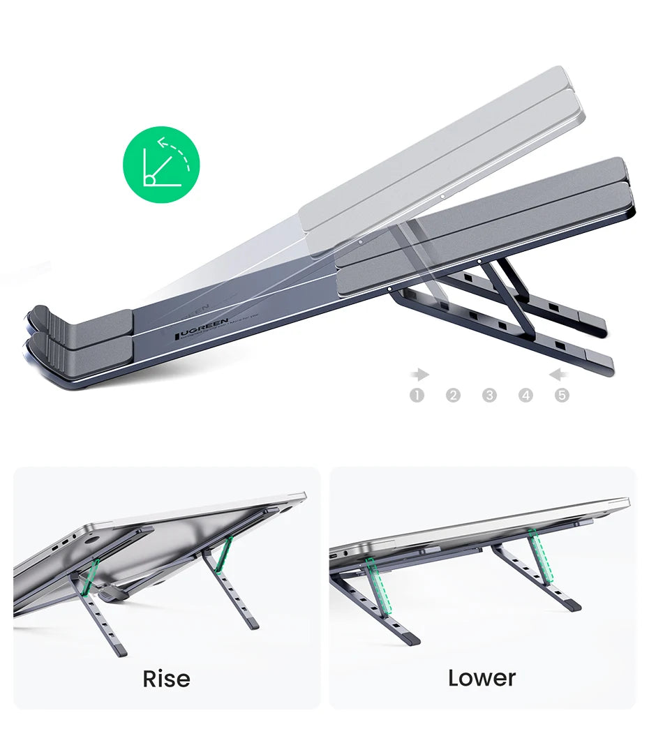 Illustration showing a side view of the UGREEN Laptop Stand - Adjustable Foldable Aluminum, with ergonomic angle adjustment on top and Rise and Lower settings at the bottom, demonstrating its adjustable height adaptability with a laptop on the stand.