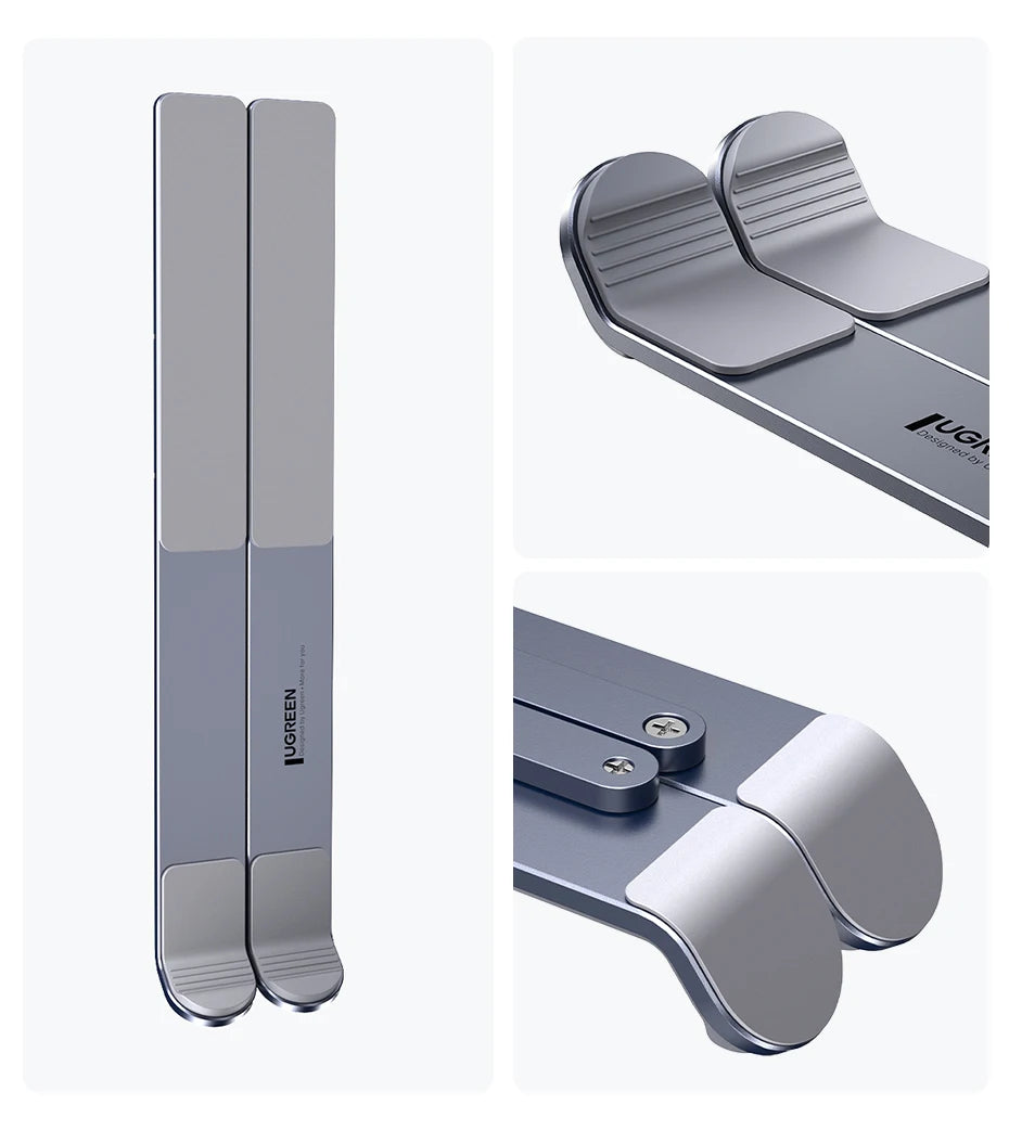 The UGREEN Laptop Stand - Adjustable Foldable Aluminum is silver with a sleek, ergonomic design and curved ends, perfect for tablets or laptops. It offers adjustable height for comfort, while its logo emphasizes the brands minimalistic and modern style.
