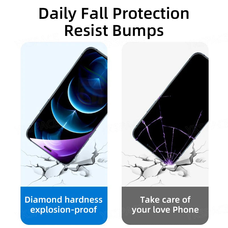 Two side-by-side images of phones dropping: The left shows one bouncing safely with the text YKSPACE 2Pcs Anti Blue-Ray Tempered Glass Screen Protector, while the right shows a phone with a cracked screen and the text Take care of your beloved phone.