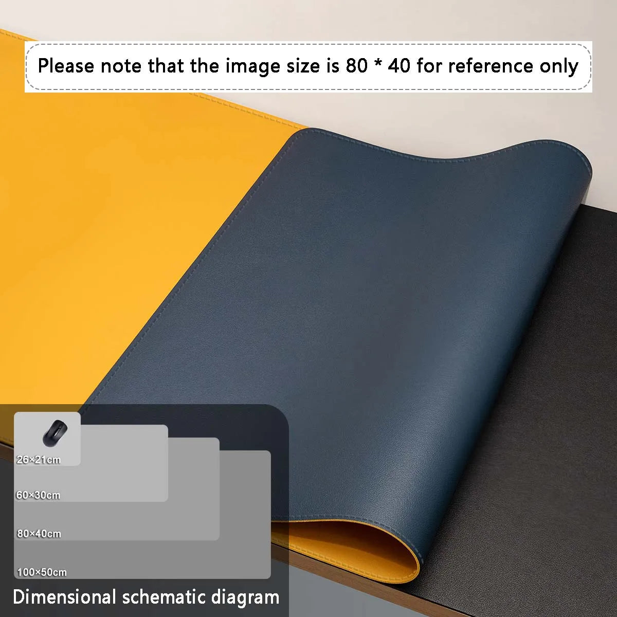 Close-up of AIPHY Large PU Leather Mouse Pad, dual-sided with yellow and dark blue. Made from stylish waterproof PU leather, the mat is partially rolled. Overlay shows size comparison: 26×21cm, 60×30cm, 80×40cm (reference), and 100×50cm.