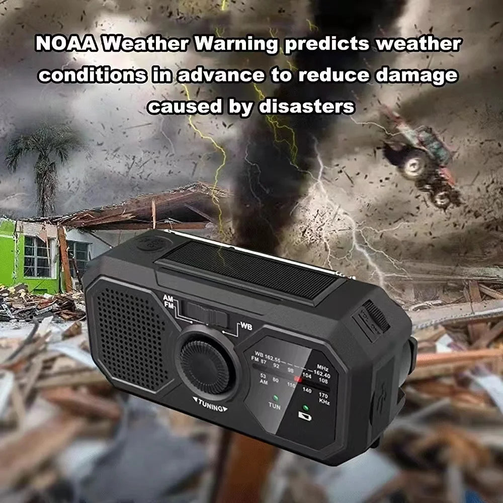 The Sayin Portable Solar Radio with Power Bank & Flashlight sits in the foreground against a backdrop of a tornado and destroyed buildings. Text on the image highlights that NOAA Weather Warning predicts conditions early to reduce disaster damage, making this radio vital for emergency preparedness.