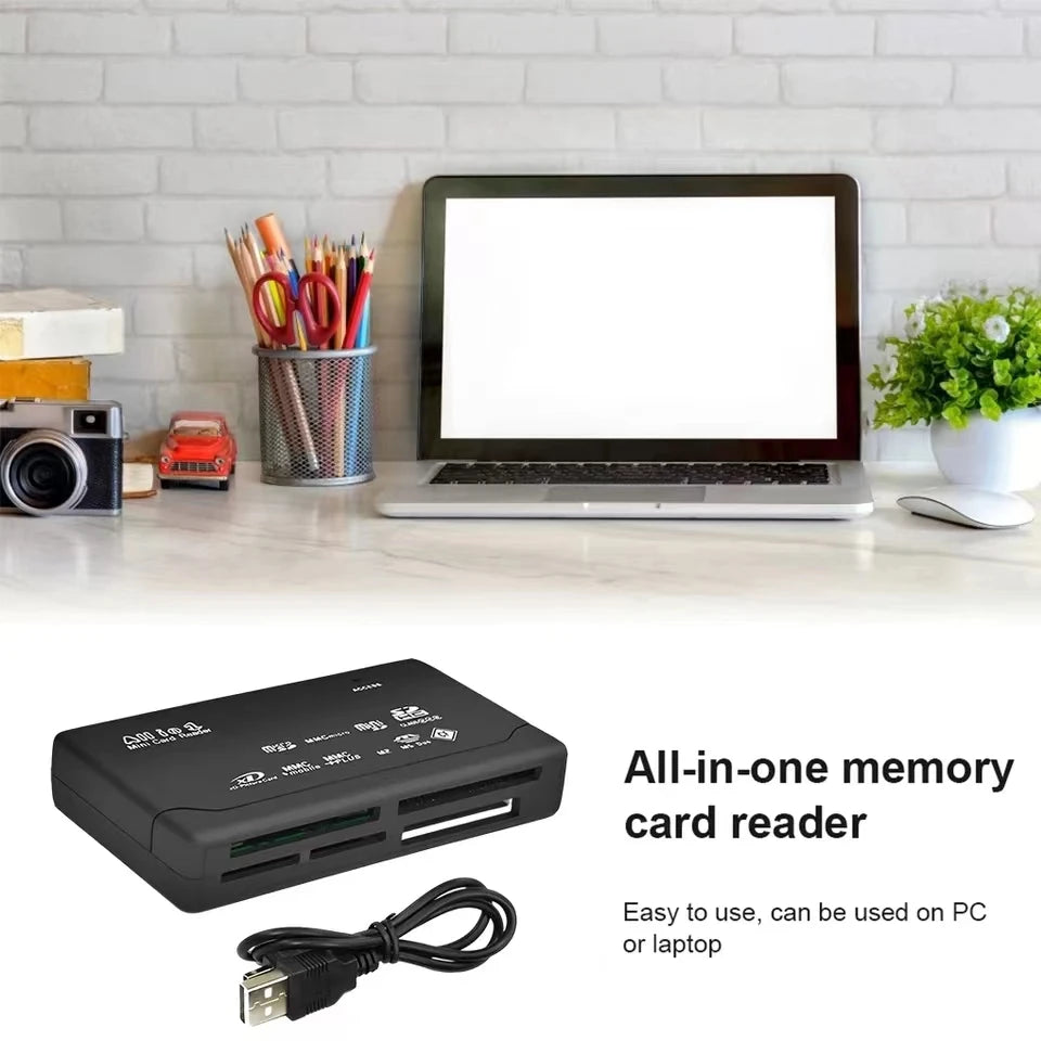 A desk features a laptop, vintage camera, and a pot of pencils and brushes. In the foreground, the USB 2.0 Mini Memory Card Reader With Multi-Card Support ensures high-speed data transfers with its USB cable, seamlessly connecting to PCs and laptops.
