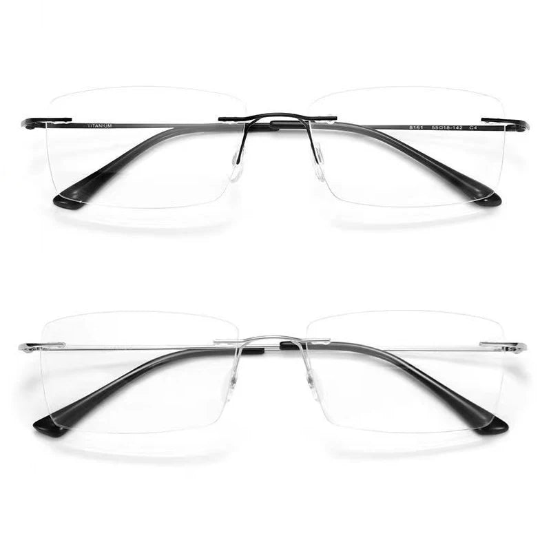 The YINSQER Titanium Rimless Reading Glasses boast a sleek titanium design with thin metal bridges, transparent scratch-resistant lenses, and black temples. They offer blue light blocking protection and feature nose pads for comfort, set against a white background in the image.