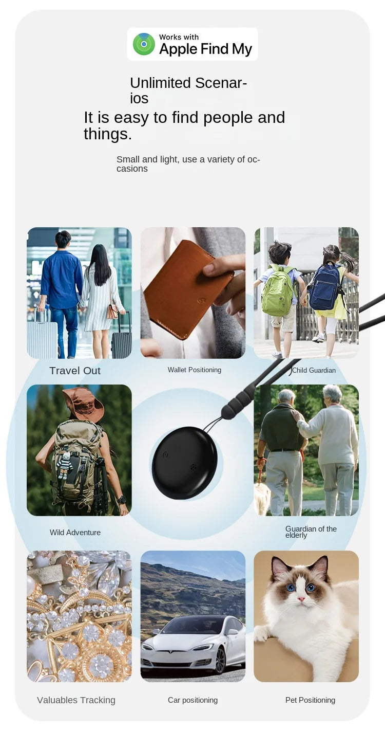A promo image for the NoEnName GPS Tracker - Bluetooth Locator for Pets shows wallet, child, bag, pet tracking, car positioning, wild adventures & valuables in a grid of photos. Features Apple Find My compatibility.