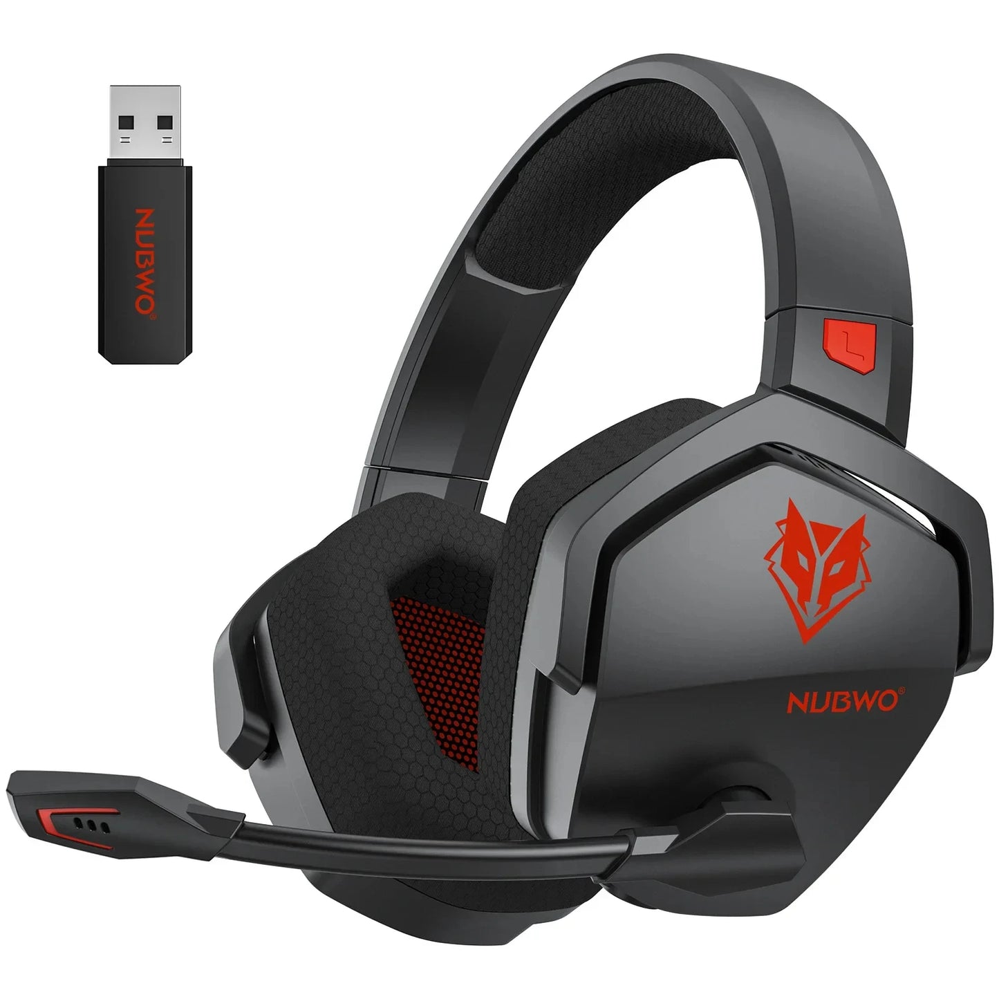 The NUBWO G06 Dual Wireless Headset offers active noise canceling and seamless audio via USB dongle, featuring a sleek black and gray design with red accents, an adjustable microphone, and a stylized animal logo for an immersive gaming experience.