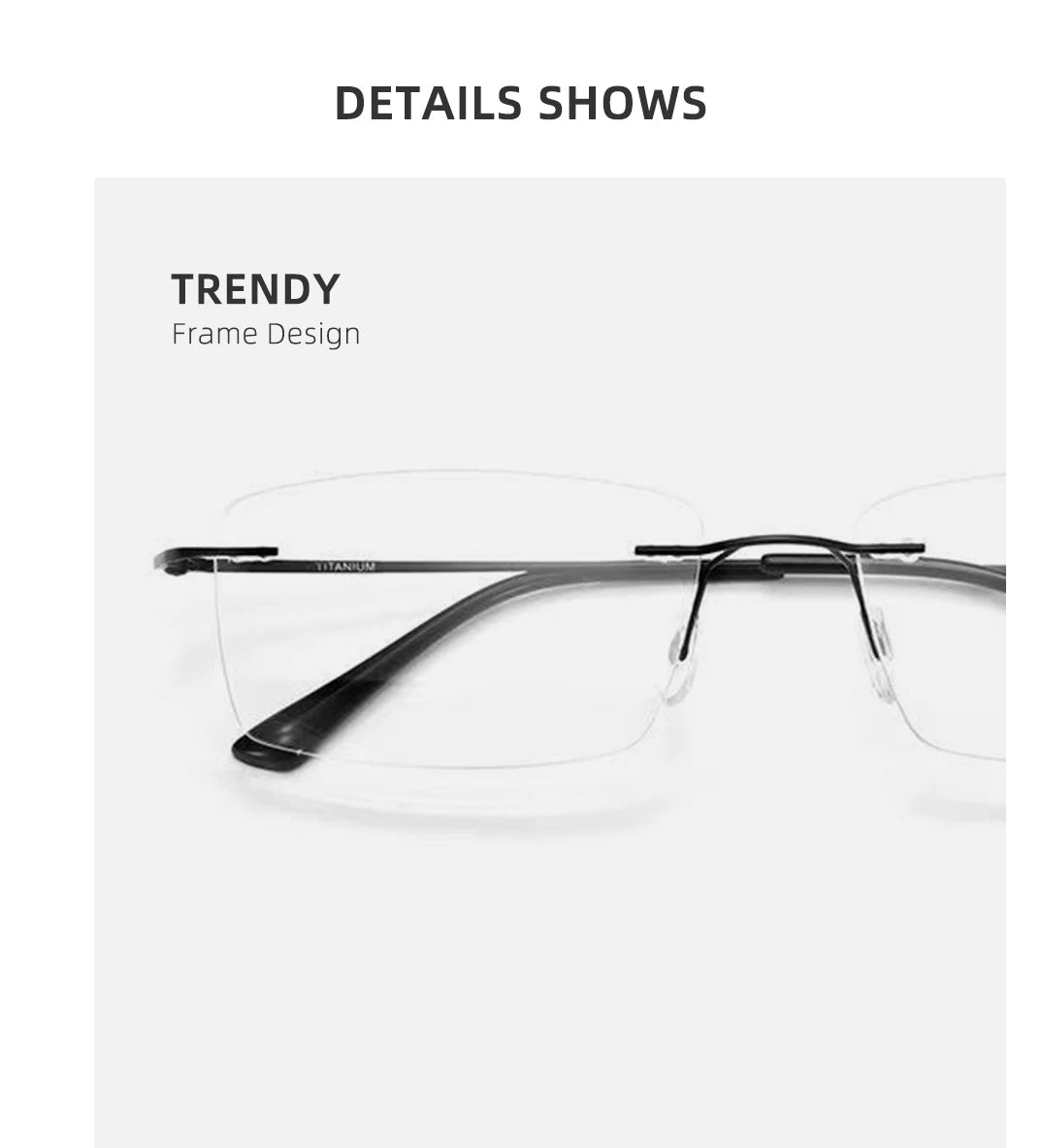 Close-up of YINSQER Titanium Rimless Reading Glasses on a white background, showcasing their trendy frame design with black temples. The text reads DETAILS SHOWS and TRENDY Frame Design, emphasizing their scratch-resistant lenses and blue light blocking feature.
