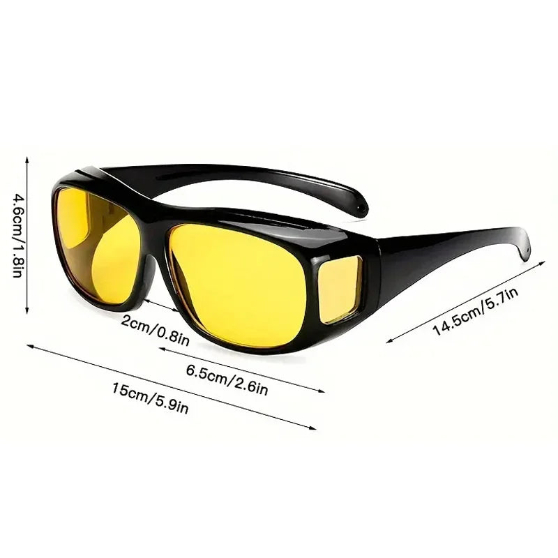 The NoEnName Night Vision Glasses, black with yellow lenses, ideal for driving, have anti-glare tech and side panels. Dimensions cover lens height, width, arm length, and overall width. Shown at an angle, theyre perfect for clear road visibility at night.