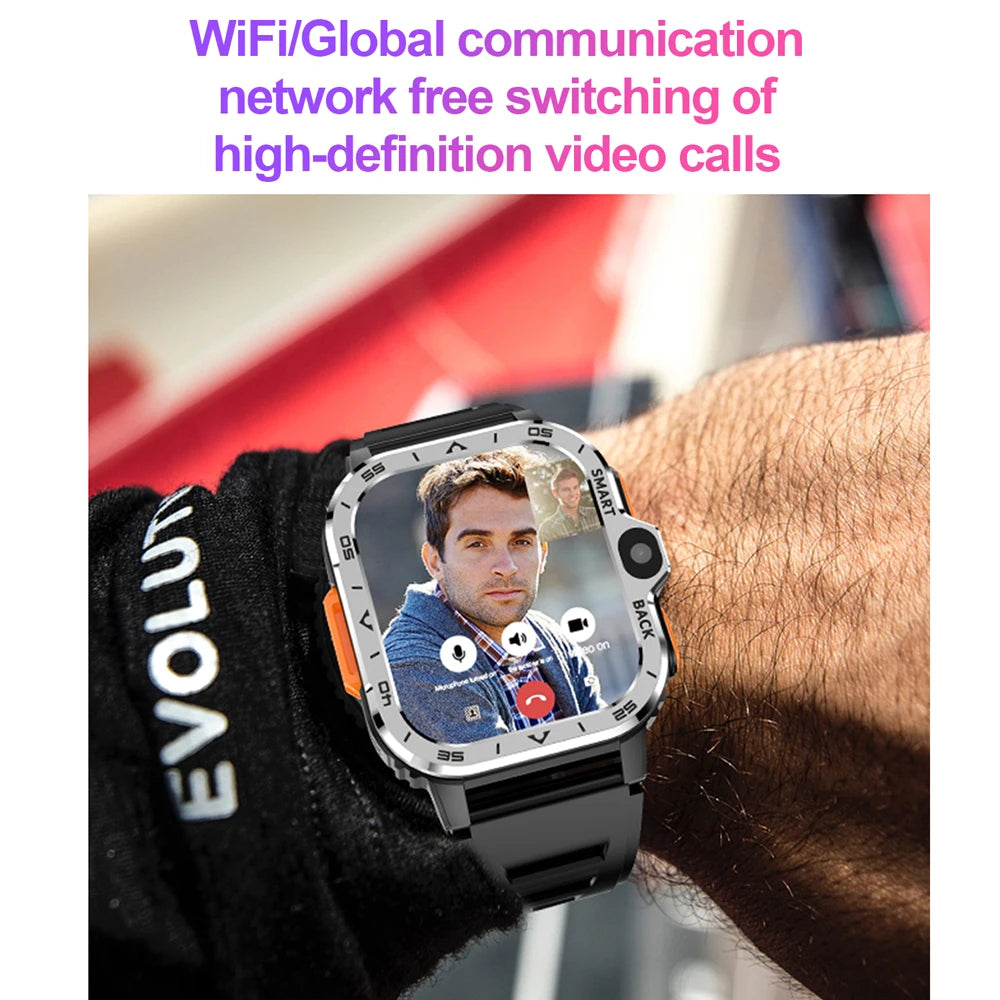 The Valdus PGD Smart Watch for Men, featuring HD video calls with dual cameras, shows a man on the screen. Its black strap wraps around the wrist, while purple text highlights WiFi and global communication capabilities enhanced by 4G connectivity.