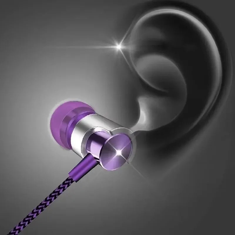 The VIKEFON Noise Cancelling Wired Earphones, in purple and silver with a braided cable, rest against a stylized translucent ear illustration on a dark background. Reflective light enhances their allure as they promise superior sound quality through an ergonomic design.