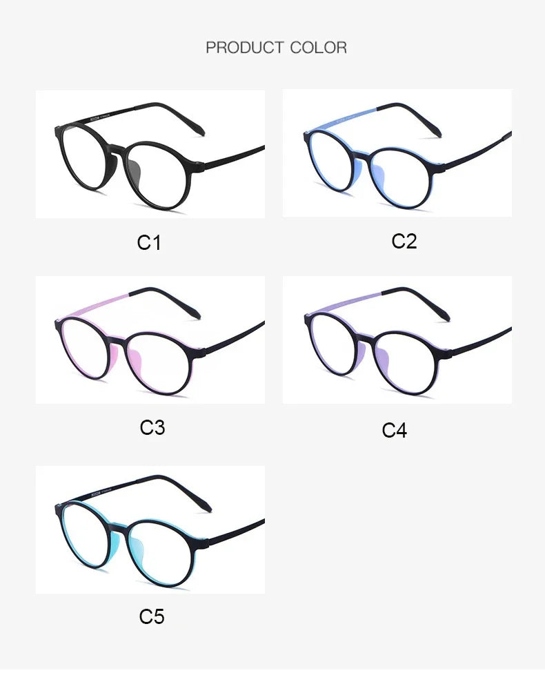 Image featuring five pairs of stylish OUTMIX Pure Titanium Anti Blue Light Reading Glasses, each with unique frame colors: black, blue, pink gradient, purple gradient, and light blue gradient. Designed with titanium frames for enhanced durability and comfort. Perfect for clarity and style.