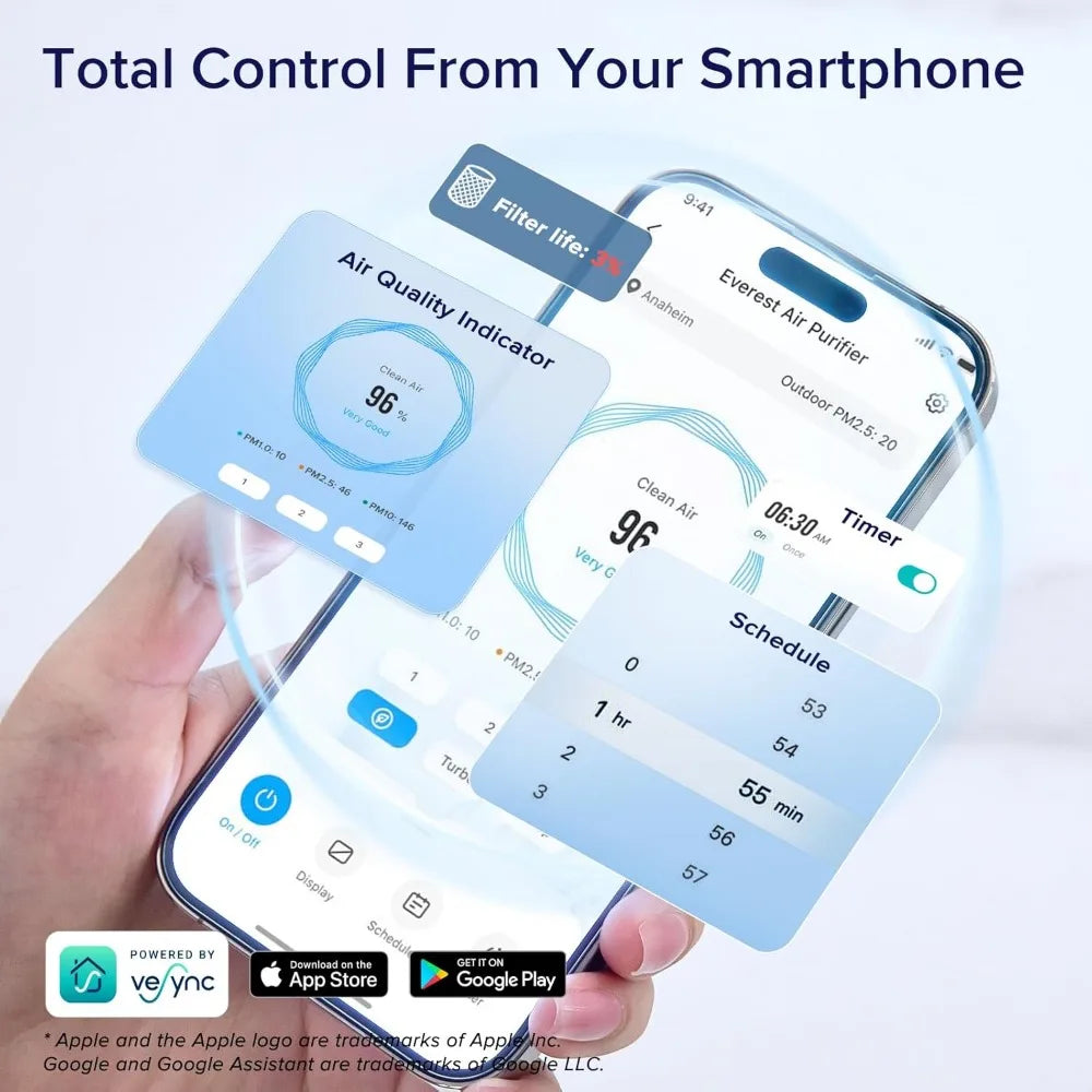 A NoEnName Large Room Air Purifier app displays air quality indicators and scheduling options on a smartphone. Floating text reads Filter life and WiFi Control From Your Smartphone. App Store and Google Play logos are visible.