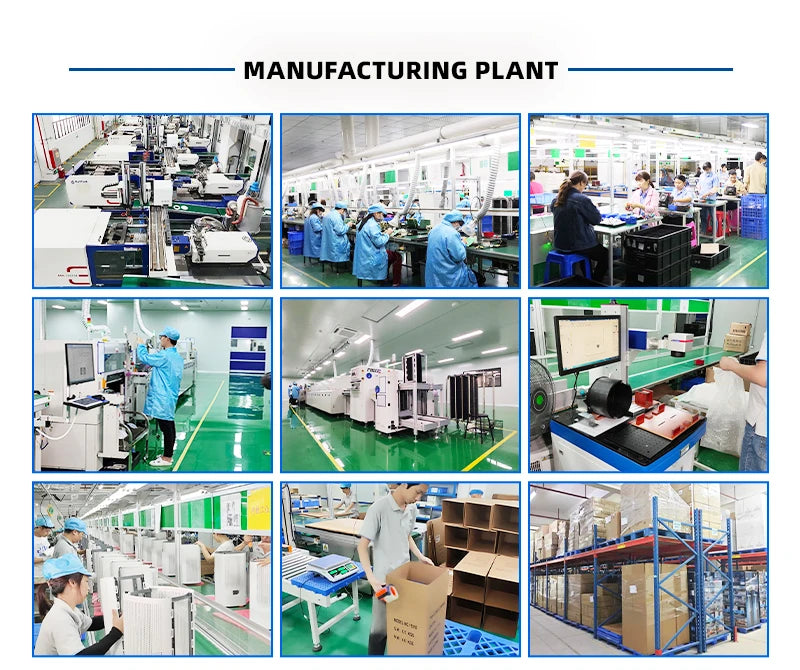 Images from a manufacturing plant depict workers in blue uniforms and hairnets operating machines and assembling products, such as the JNUO H13 HEPA Air Purifier for Smoke and Aromatherapy. The clean, organized facility also features various workstations, equipment, and stacked cardboard boxes.
