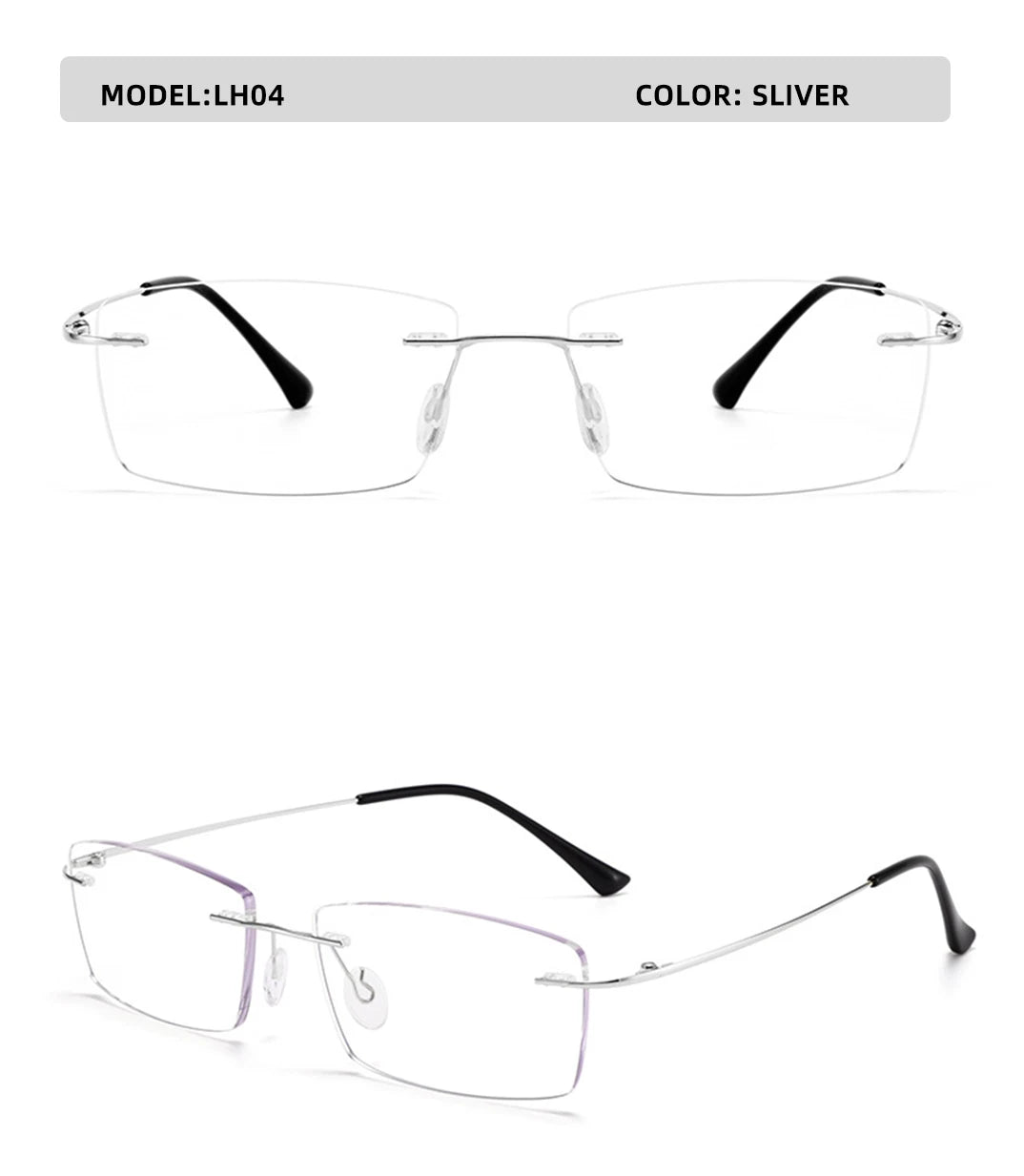 The YINSQER Titanium Rimless Reading Glasses, Model LH04 in Silver, feature a sleek design with clear, scratch-resistant lenses and black temple tips. They are showcased from a front view and a slightly angled perspective.