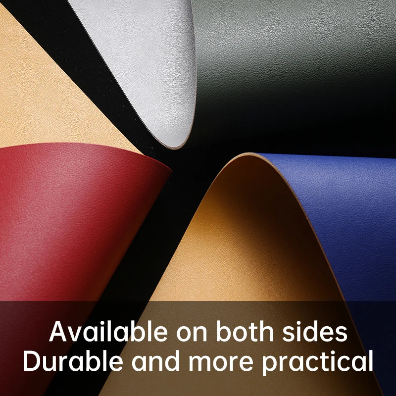 The Xummen Large Mouse Pad features layers in white, green, red, and blue over tan. The lighting highlights its durability and texture, with Available on both sides text at the bottom. This waterproof PU gaming desk mat is durable and practical with a non-slip base.