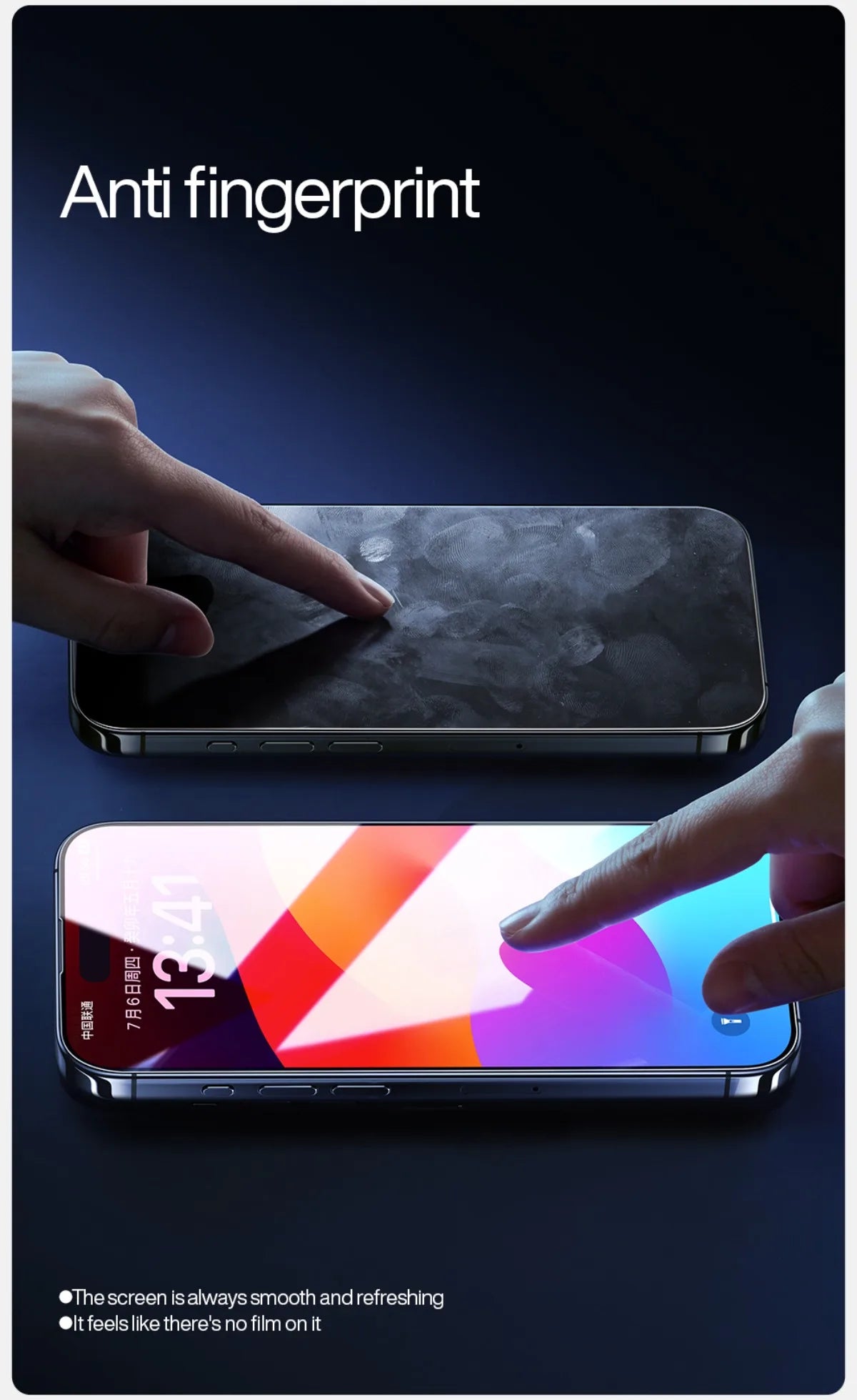 Two smartphones are shown. The top phone has visible fingerprints with a finger pointing at it. The bottom phone, protected by a SmartDevil Tempered Glass Screen Protector for iPhone 16 Pro Max, boasts a clean display with Anti fingerprint text, highlighted by a finger touching its pristine surface.