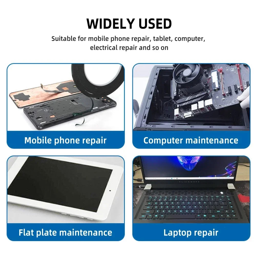 A collage showcases a mobile phone repair using WELIBA Adhesive Tape, featuring HIGH STRENGTH text. Also depicted are computer maintenance with a screwdriver, flat plate upkeep using a tablet, and laptop repair with an open laptop.