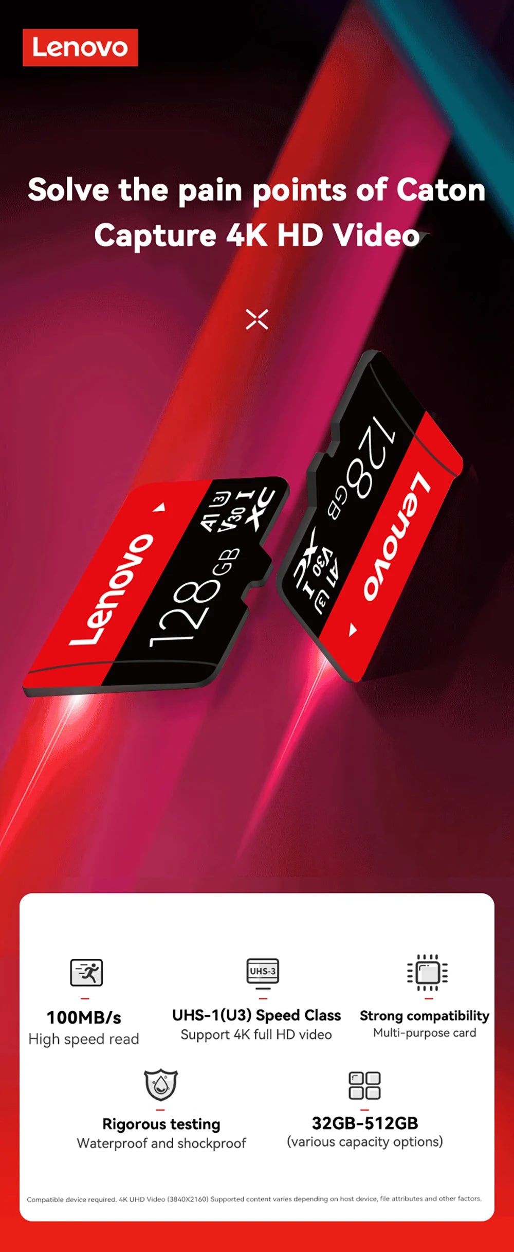 Explore the Lenovo 128GB Micro TF Card, featuring fast 100MB/s speed. Side-viewed, it impresses with available sizes from 32GB to 512GB. Experience UH5-1(U3) performance with water and shock resistance—perfect for dependable data security.