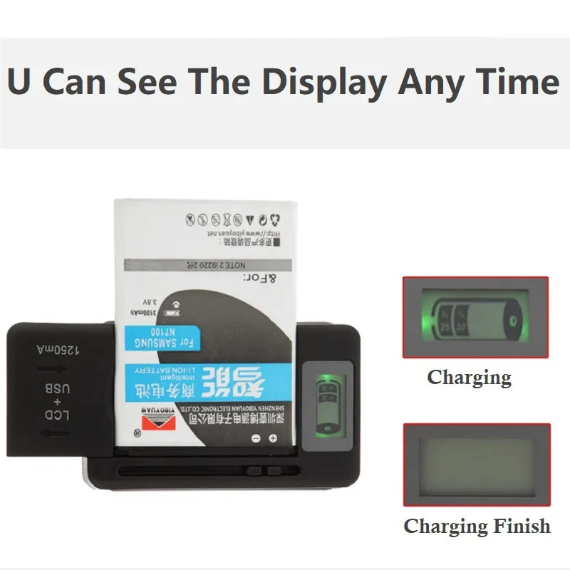 A phone battery charges in a black YIBOYUAN Universal USB Battery Charger with an LCD indicator showing progress. Insets display Charging and Finish stages. Text: See the display anytime. Enjoy compatibility and smart charging tech.