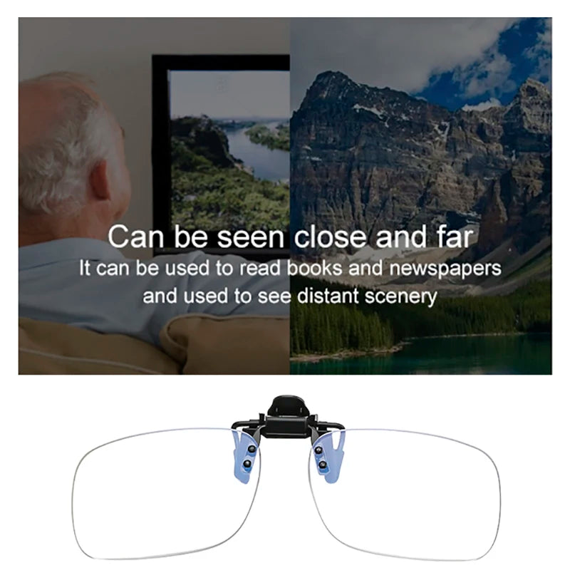 The WALLY SKY Ultra-Light Anti Blue Light Reading Glasses, perfect for presbyopic needs, are shown with an older person enjoying a nature scene on a screen. Text reads Can be seen close and far, emphasizing their versatility and reduction of eye strain during screen time.