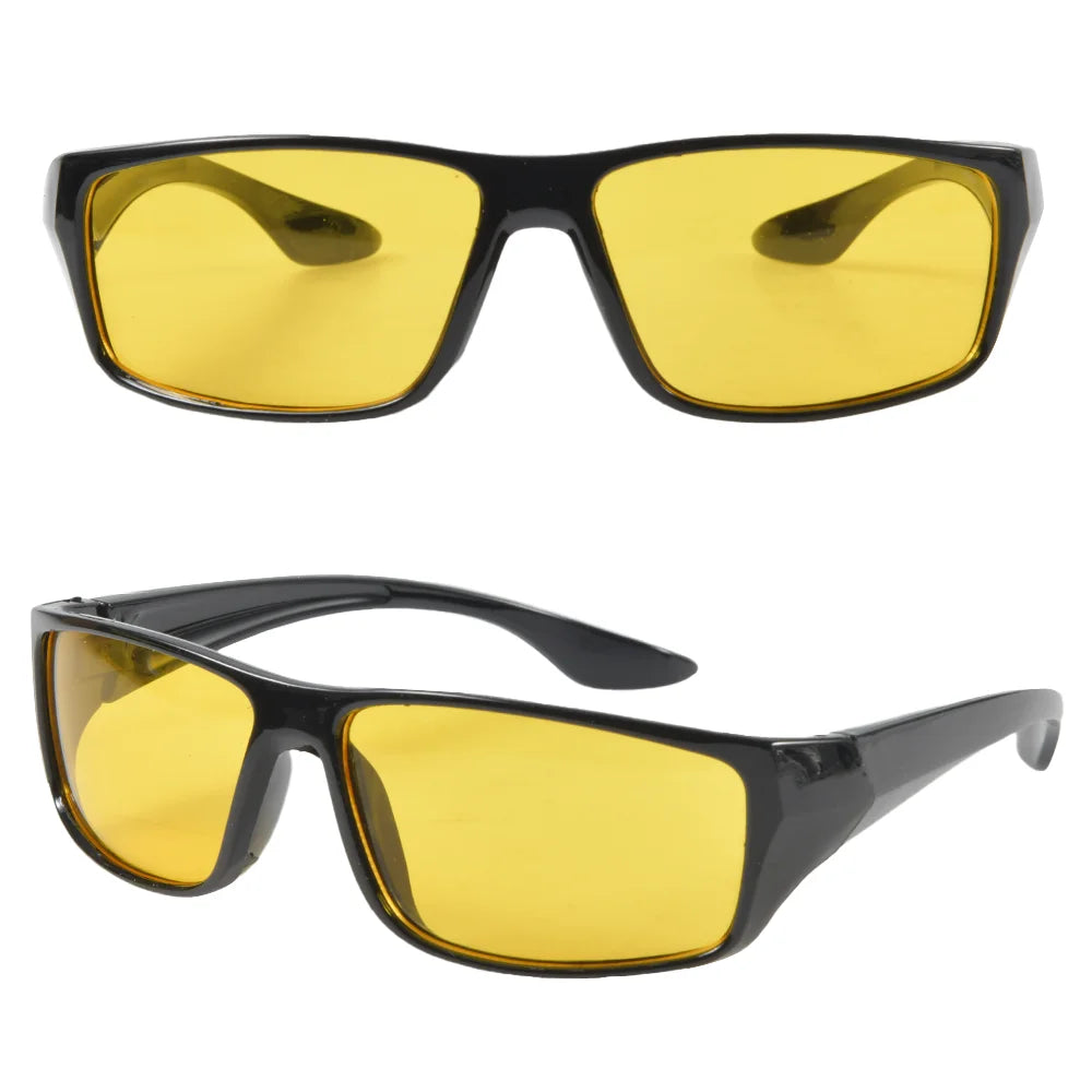 Two black-framed Anti-Glare Night Vision Goggles, featuring yellow-tinted lenses, are displayed. One pair is flat and the other upright, highlighting their sleek design. These goggles ensure clear visibility and offer UV400 protection for modern eye safety.