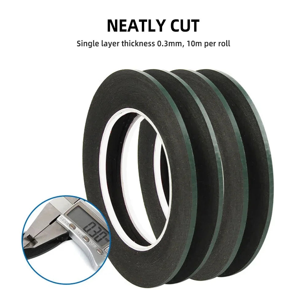 Three rolls of WELIBA Adhesive Tape for Mobile Repair, featuring black tape with white cores and marked NEATLY CUT, are displayed. An inset image shows a digital caliper measuring the tape thickness at 0.3mm. Each high-strength roll is 10 meters long, ideal for mobile repairs.