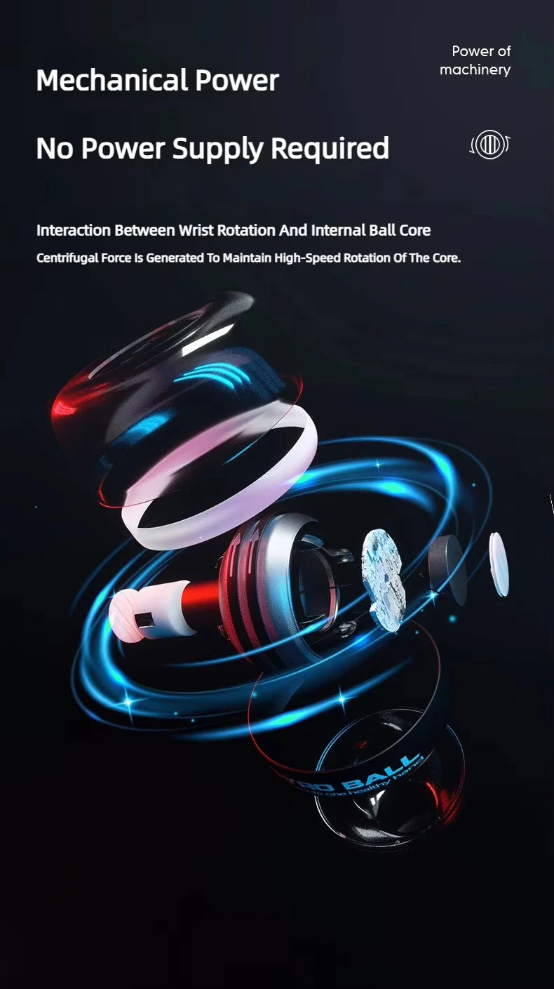 The Gyroball Powerball Forearm Muscle Fitness Equipment features an exploded view highlighting a wrist rotation mechanism and internal ball core, ideal for boosting wrist power and hand dexterity, with swirling blue and red graphics. Text: Mechanical Power, No Power Supply Required.