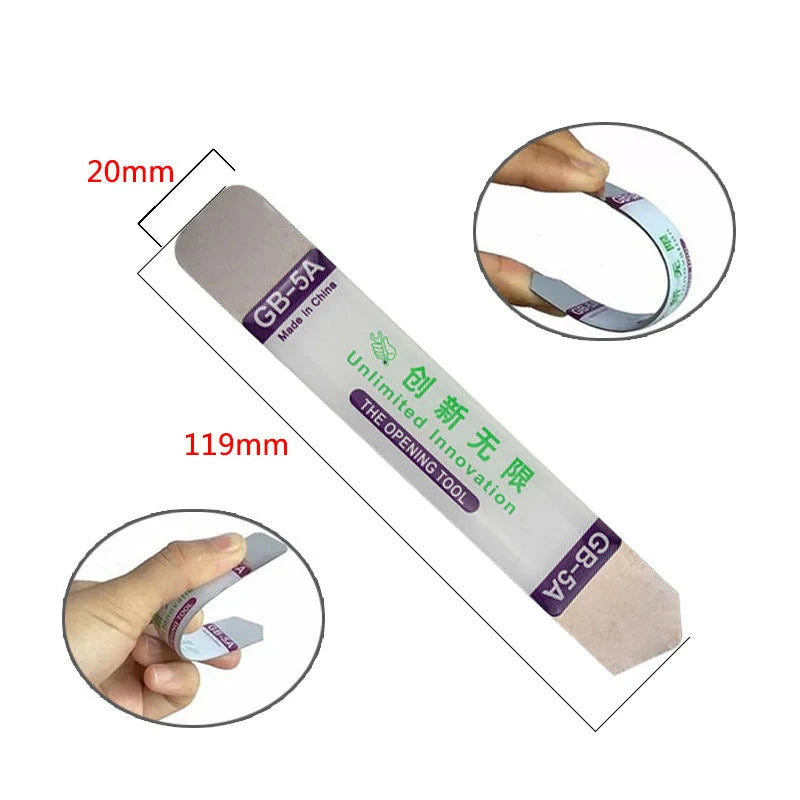 The NoEnName 28 in 1 Screwdriver Tool Kit includes a flat plastic tool, THE OPENING TOOL (GB-5A), measuring 20mm by 119mm, ideal for mobile repairs. It features Chinese and English text and is shown in different grips, making it essential for your electronic devices toolkit.