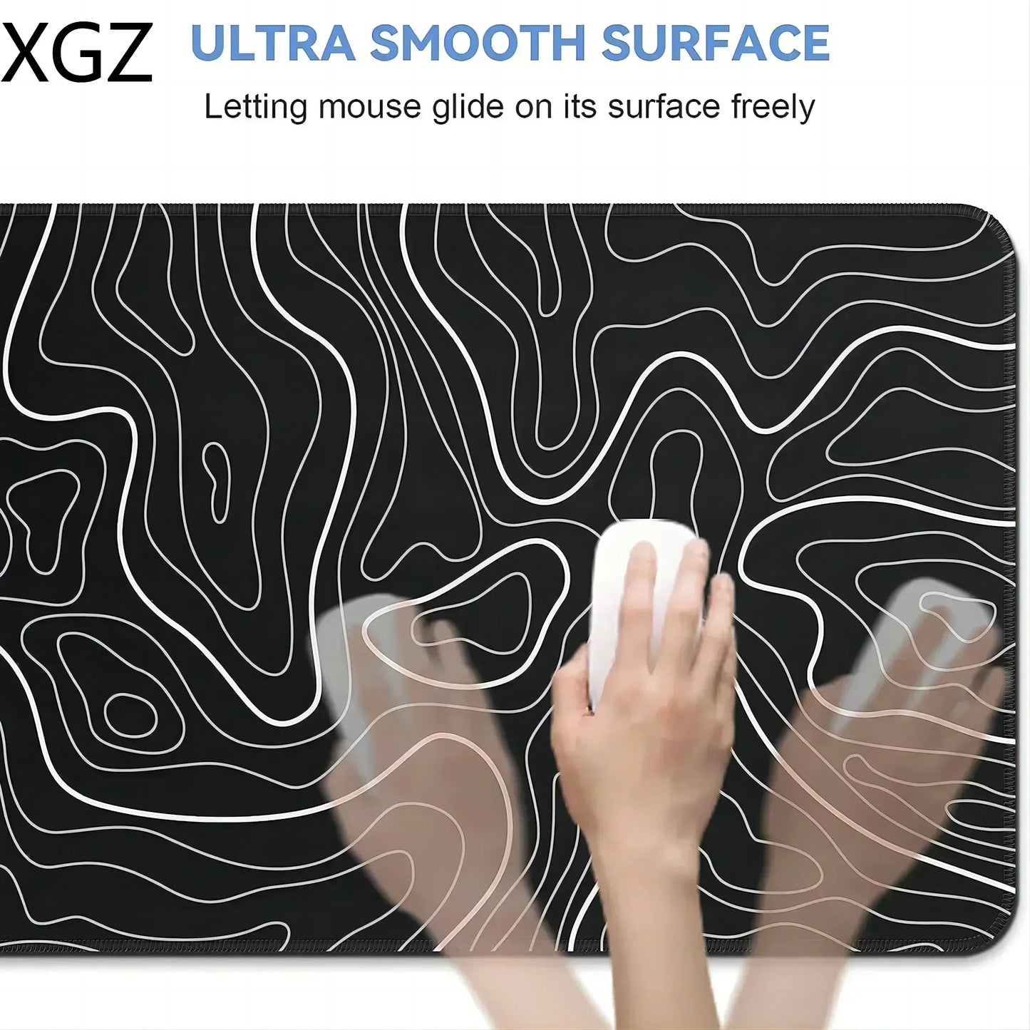 A hand swiftly moves a mouse across a Large Terrain Map Gaming Mouse Pad, featuring white contour lines on a non-slip black surface. The text XGZ Ultra Smooth Surface highlights its ease of motion and precision for every gamer.