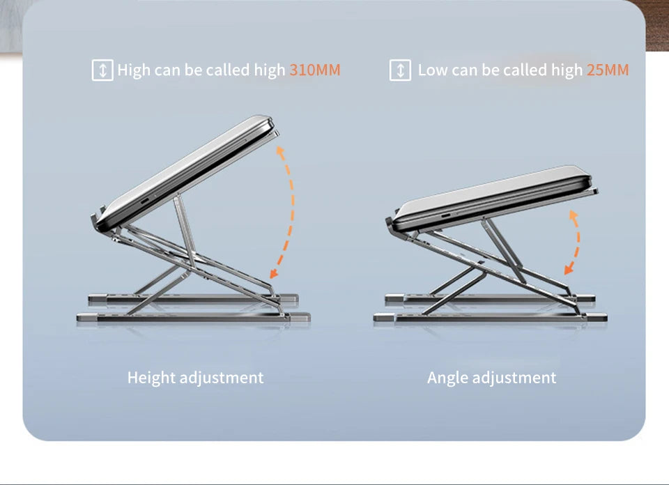 Two adjustable aluminum laptop stands, set against a light blue background, feature ergonomic comfort. The left stand adjusts from 310mm to 25mm in height, while the right offers angle adjustments. Both boast silver metallic frames with black surfaces, accented by orange arrows.
