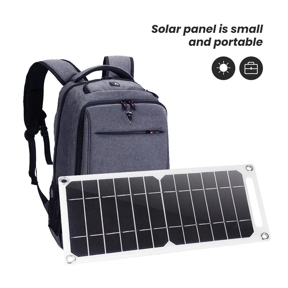 The gray backpack is next to the EESBAO 35W Solar Panel, ideal for outdoor camping. This rectangular panel has 18 sections and a portable USB charger. Above it, text with sun and suitcase icons says: Solar panel is small and portable.