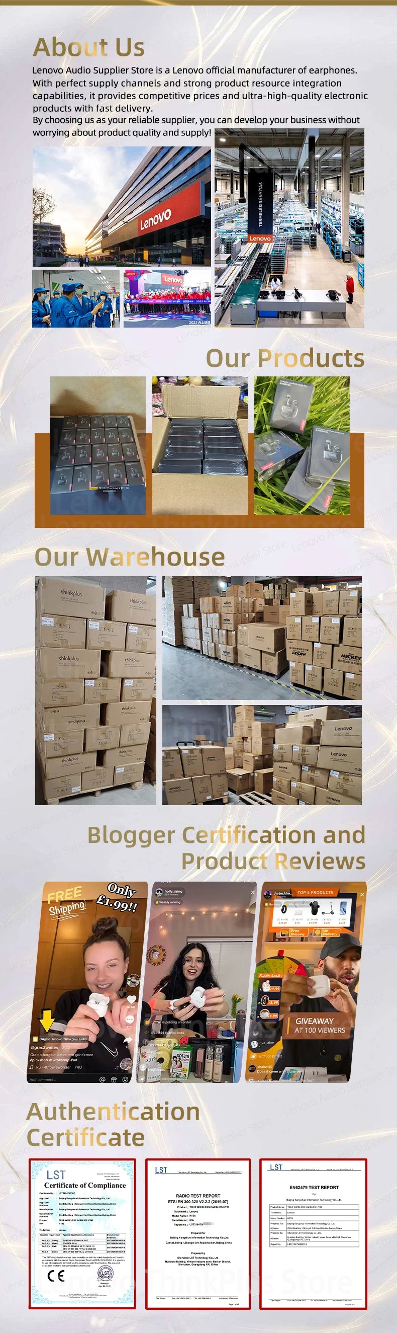 This image collage highlights Lenovo, featuring products like the Lenovo TH30 Wireless Headphones with Bluetooth 5.3 and noise cancellation, alongside a warehouse filled with boxes. Bloggers review these items, and authentication certificates are included.