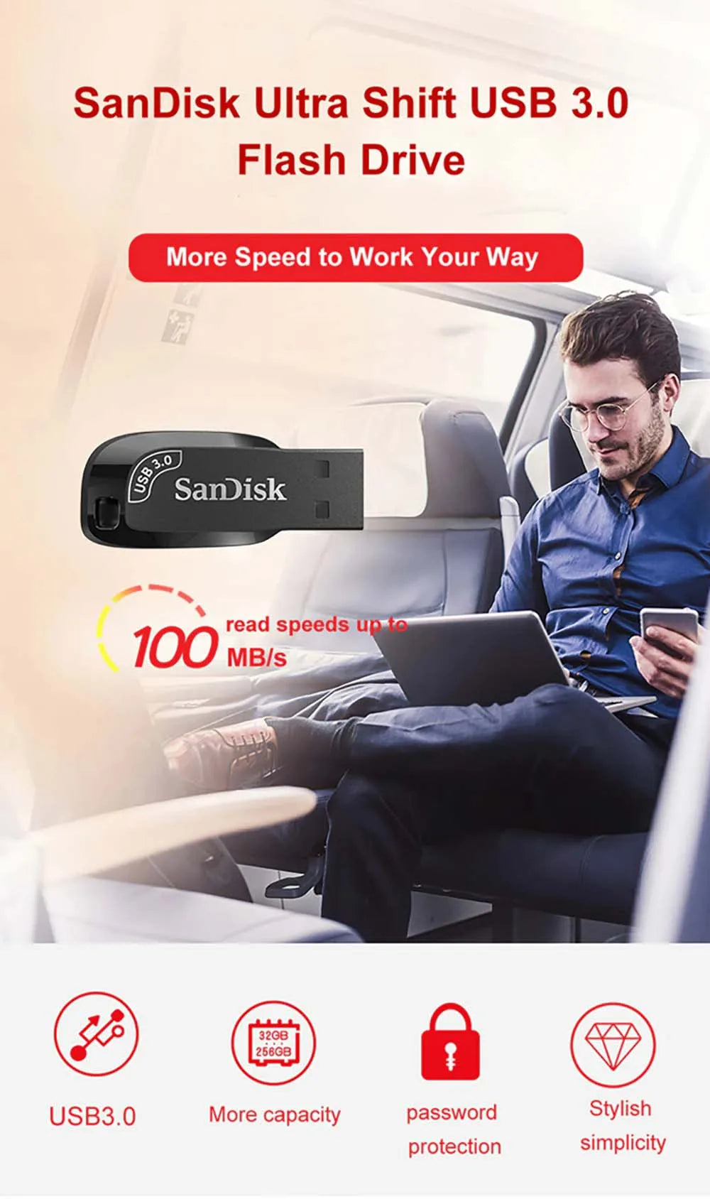 A man in a blue shirt sits on a comfortable chair using a laptop. Inset shows a SanDisk USB 3.0 Flash Drive - High-Speed Compact Storage, highlighting 100MB/s data transfer, durable storage, password protection, and stylish simplicity.