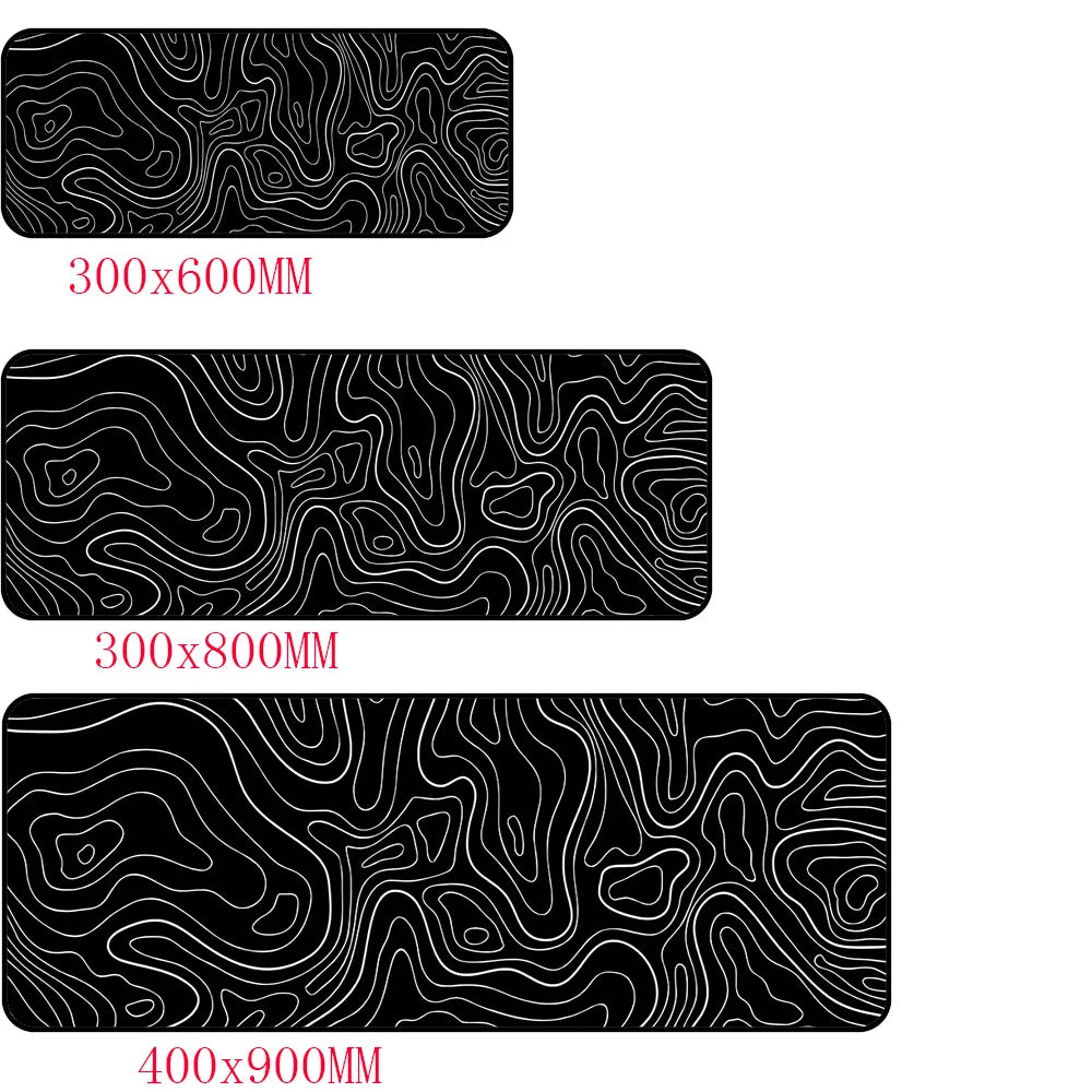 Explore three durable Large Terrain Map Gaming Mouse Pads, each in a rectangular shape and featuring abstract white contour line patterns on a black background. Perfect for gamers, these non-slip pads come in sizes 300x600mm, 300x800mm, and 400x900mm.
