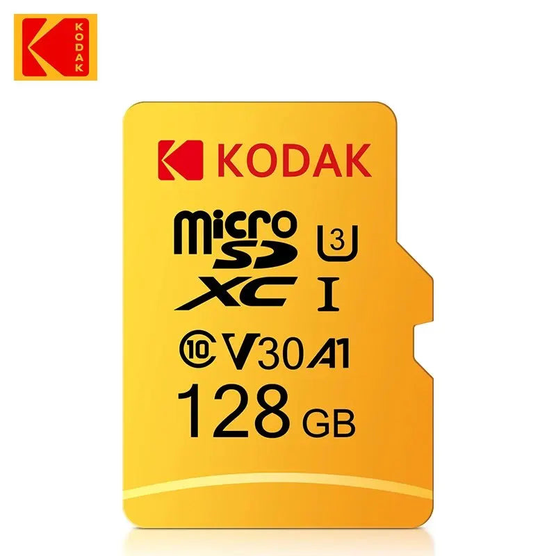 The KODAK 128GB Micro SD Card in yellow offers high-speed storage with U3, V30, and Class 10 compatibility. The Kodak logo is featured in the upper left corner ensuring easy capture of every moment.