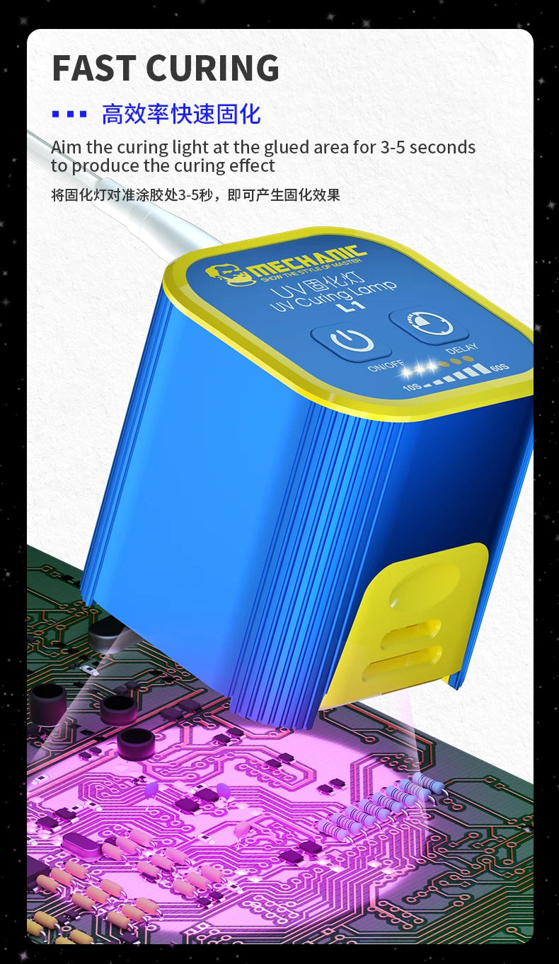 The Mechanic L1 UV Curing Lamp, designed in blue and yellow, is shown curing glue on an electronic circuit board for phone repair. It emits a vivid purple glow with instructions in English and Chinese detailing the quick curing process.