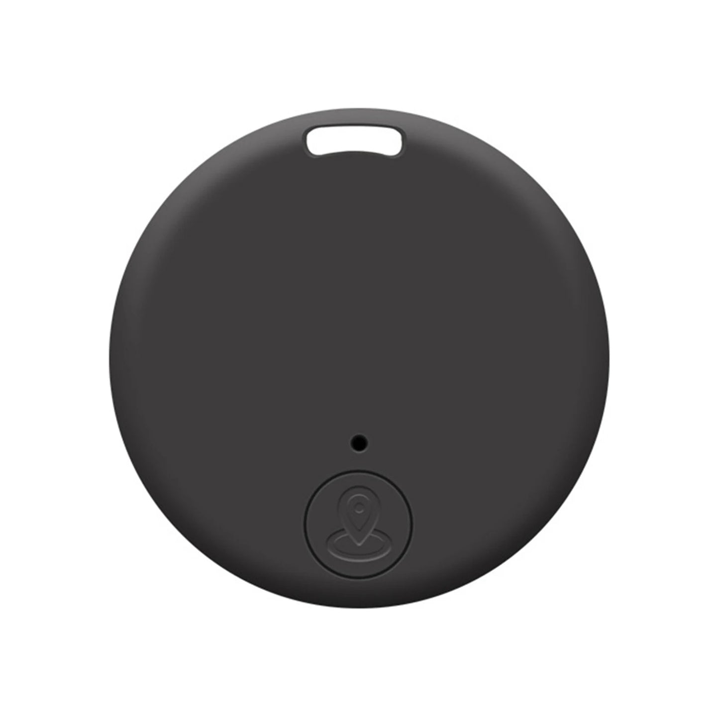 The NoEnName Bluetooth GPS Tracker is a round, black smart key finder featuring a small hole at the top, circular logo at the bottom, smooth surface, and keyring hole for easy attachment.
