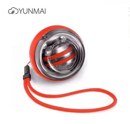 The Xiaomi Forearm Exerciser LED Gyroball Trainer features a red shell with black stripes, a transparent outer layer, and a red wrist strap. The brand name Yunmai is visible in the corner, promoting it as the ultimate Grip Strength Enhancer.