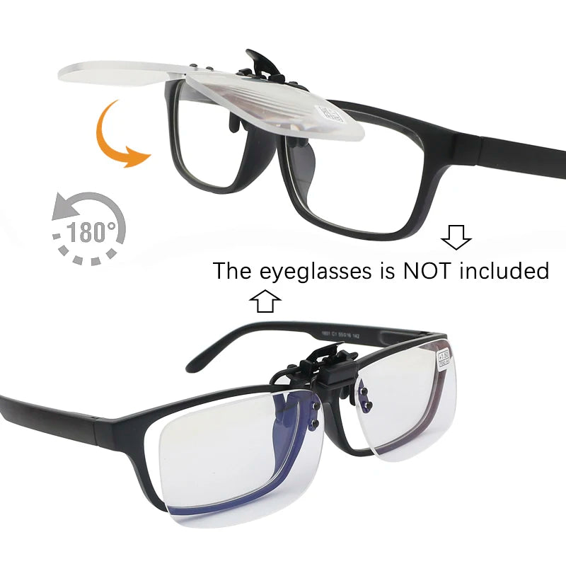 Magnifying lenses attach to WALLY SKY Ultra-Light Anti Blue Light Reading Glasses. The top image shows lenses flipped up; the bottom shows them flipped down. A note clarifies eyeglasses are NOT included, with arrows highlighting the detachable mechanism.