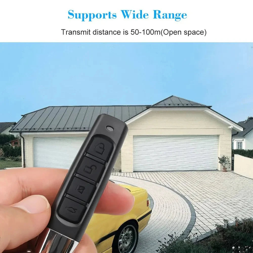 A hand holds the Universal 433MHz Wireless Remote Control For Garage Access before a white house with double garage doors and a yellow car in the driveway, while text above highlights its wireless transmission range.