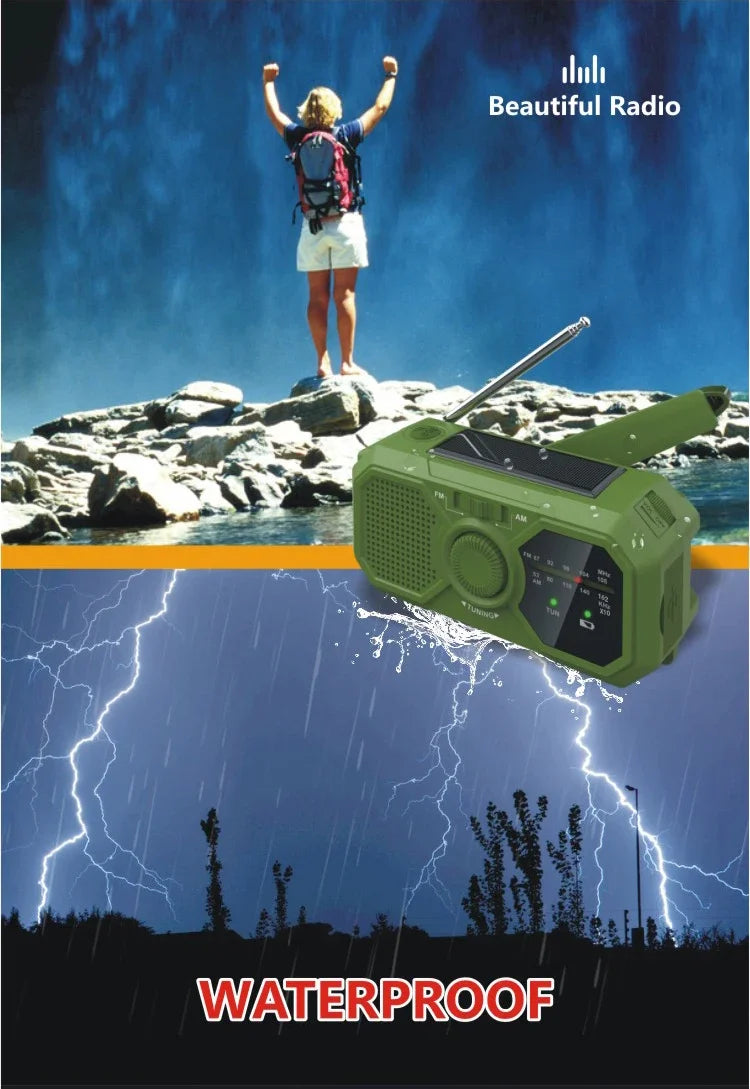 On a rocky ledge with a waterfall backdrop, a person raises their arms. Below them, the green Sayin Portable Solar Radio with Power Bank & Flashlight, labeled WATERPROOF, is solar-powered even during lightning storms and serves as an Emergency Preparedness Tool.