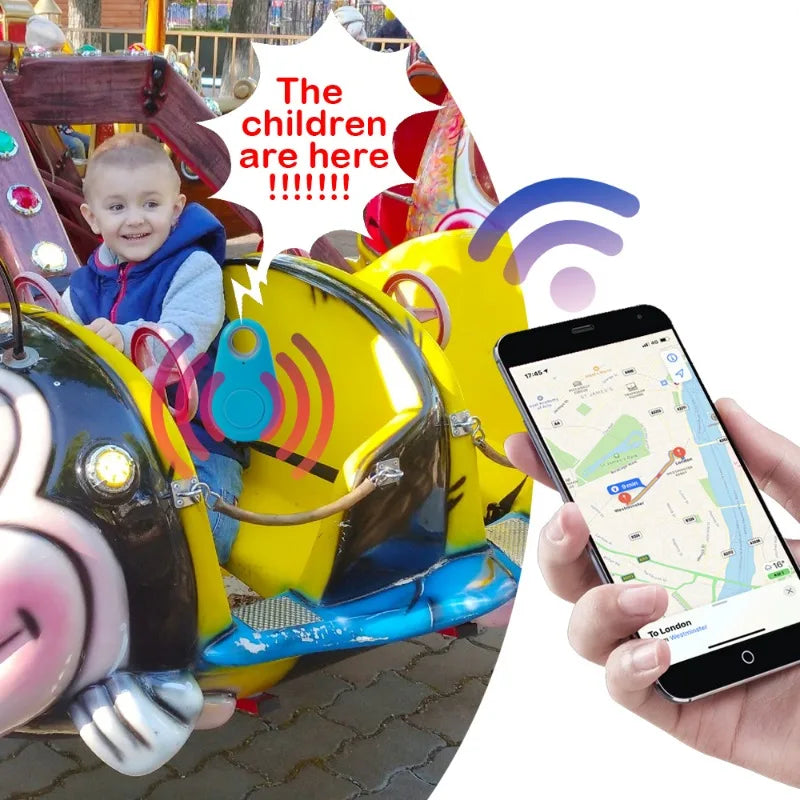 A child beams from a colorful amusement ride car as a smartphone with the Mini Smart Bluetooth Tracker - GPS Locator for Pets app displays a map and location pin for real-time tracking. Signal lines are shown alongside text reading The children are here!!!!!!.