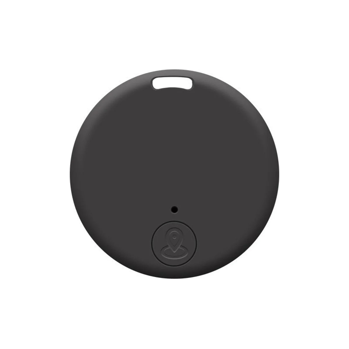 A small, round black plastic Mini Bluetooth GPS Tracker with a top notch and subtle map pin icon is perfect for real-time location tracking.
