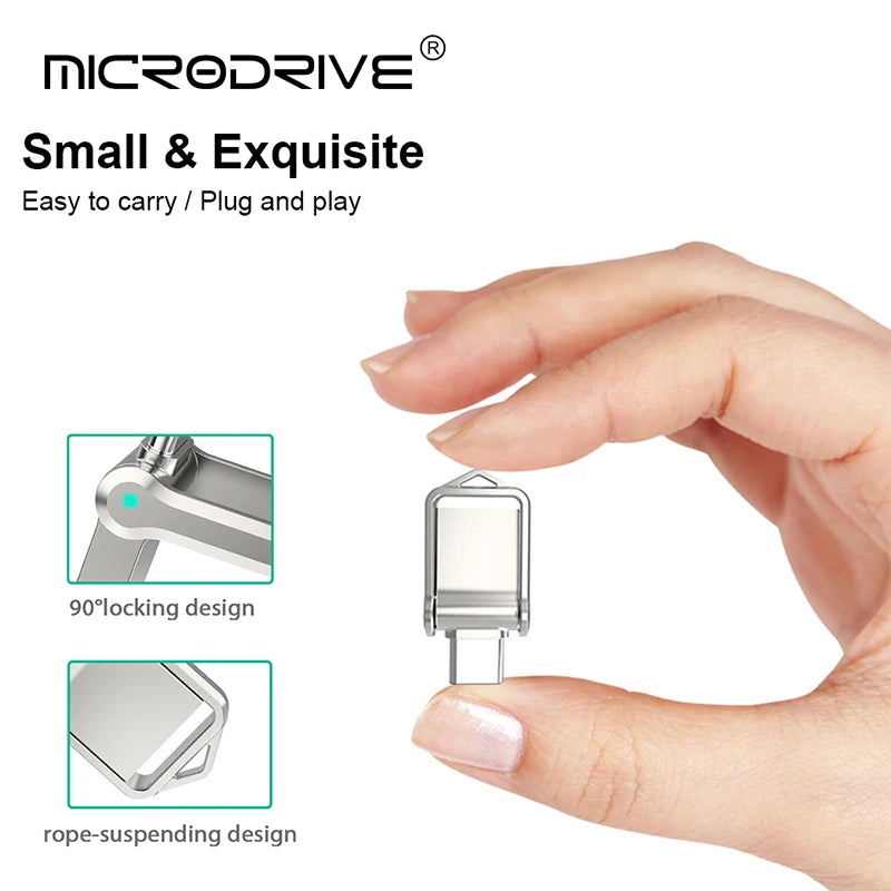 A person holds a sleek, metallic flash drive labeled MicroDrive Mini USB 2.0, available in 64GB & 32GB. This small and exquisite device offers effortless data storage with plug-and-play convenience, featuring a 90° locking design and a rope-suspending feature for easy carrying.