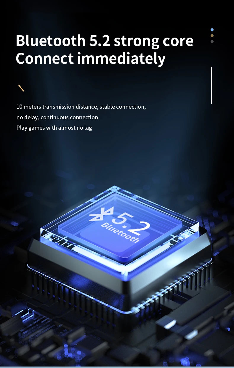 Close-up of a glowing VAORLO Bluetooth 5.2 Mini Headphone chip on a circuit board, promoting features like waterproof noise-cancelling connectivity, 10-meter transmission, and low-lag gaming. Text is in white on a dark background.
