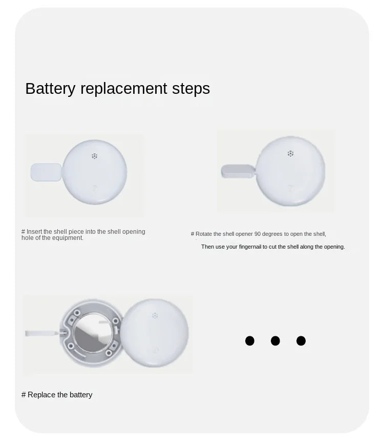 Illustration of battery replacement for NoEnName GPS Tracker - Bluetooth Locator for Pets: 1. Insert shell piece into opening hole. 2. Rotate the opener 90° to open, then use a nail to cut along the opening. 3. Replace battery. Detailed visuals guide each step for seamless tracking restoration.