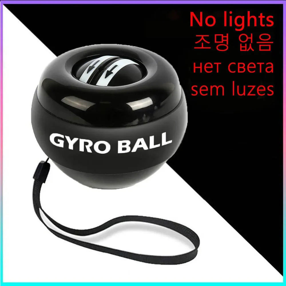 The black LED Gyro Wrist Force Handball, labeled GYRO BALL, is crafted for strength training and includes a hand strap. With No lights text in Korean, Russian, and Portuguese on a sleek white and gradient backdrop, its perfect for those prioritizing performance over LED features.